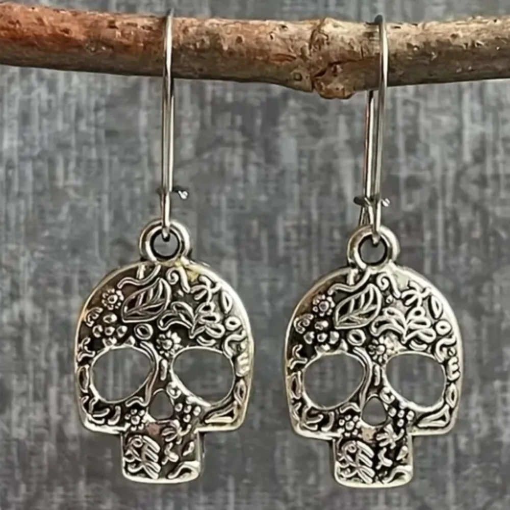 Intricate Silvertone Sugar Skull Earrings - Picture 4 of 4